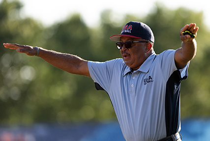 Umpire Lee Gray calls a runner safe during the 2024 Armed Forces Men’s and Women’s Softball Championship hosted by USA Softball at the USA Softball National Hall of Fame Complex in Oklahoma City Aug 16, 2024. (DoD photo by EJ Hersom).